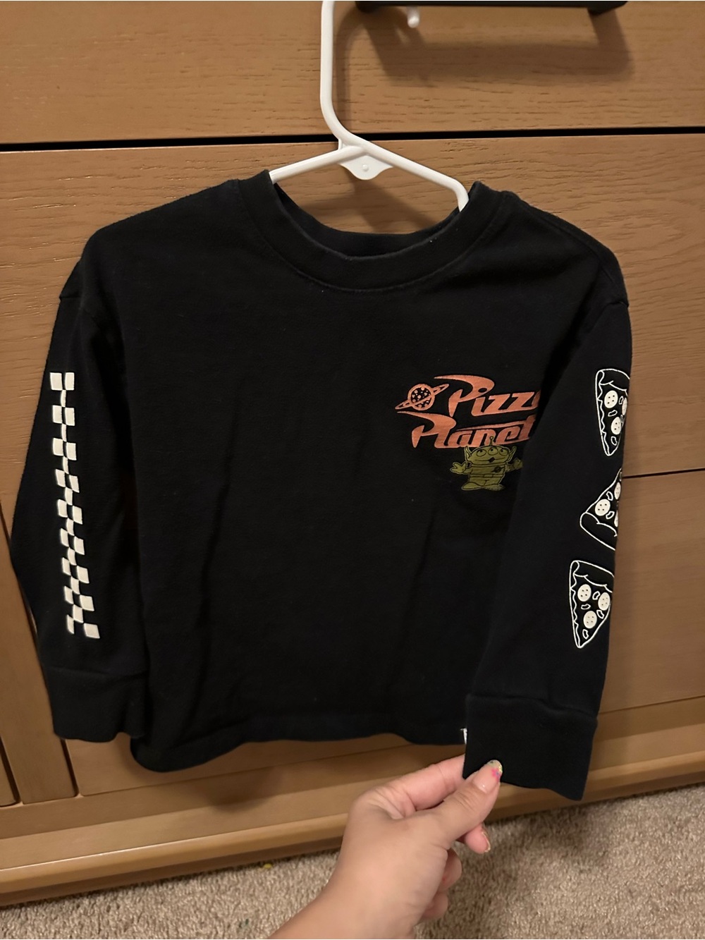 GAP Black Long Sleeve 'Pizza Planet' Graphic Tee with Checkered Sleeve